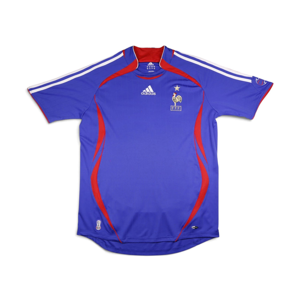2006 France home football shirt front view, blue with red and white trim and FFF crest