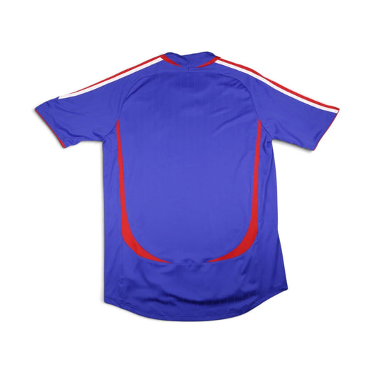 2006 France home football shirt back view, plain blue body with red and white sleeve trim
