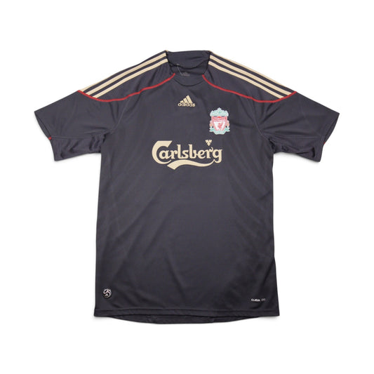Liverpool 2009/10 away shirt front view, grey adidas kit with Carlsberg sponsor
