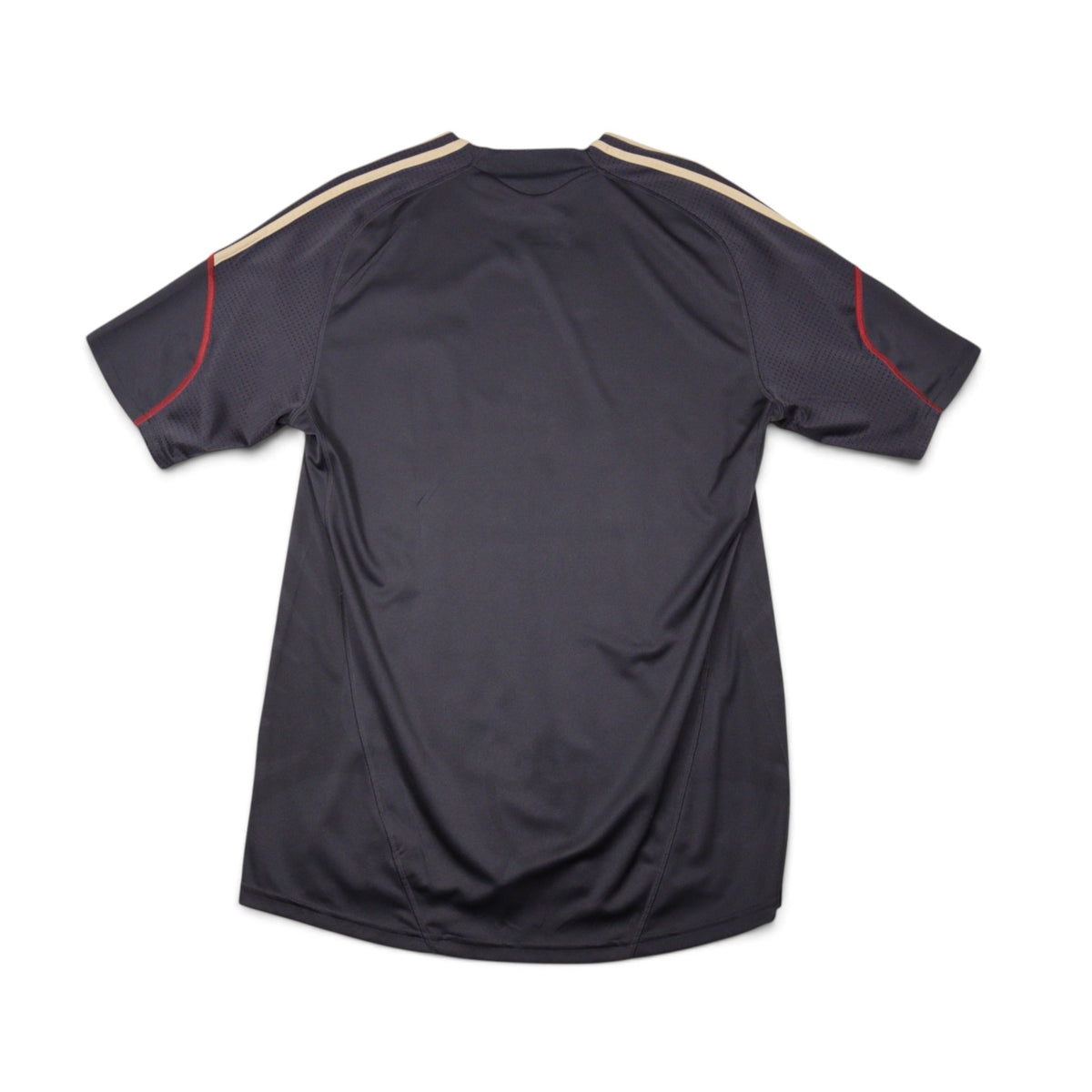 Liverpool 2009/10 away shirt back view, plain grey with gold shoulder stripes