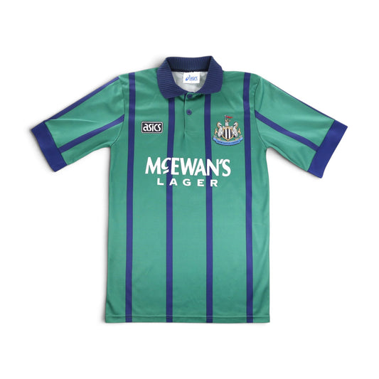 Full front view of green Newcastle United shirt with navy pinstripes