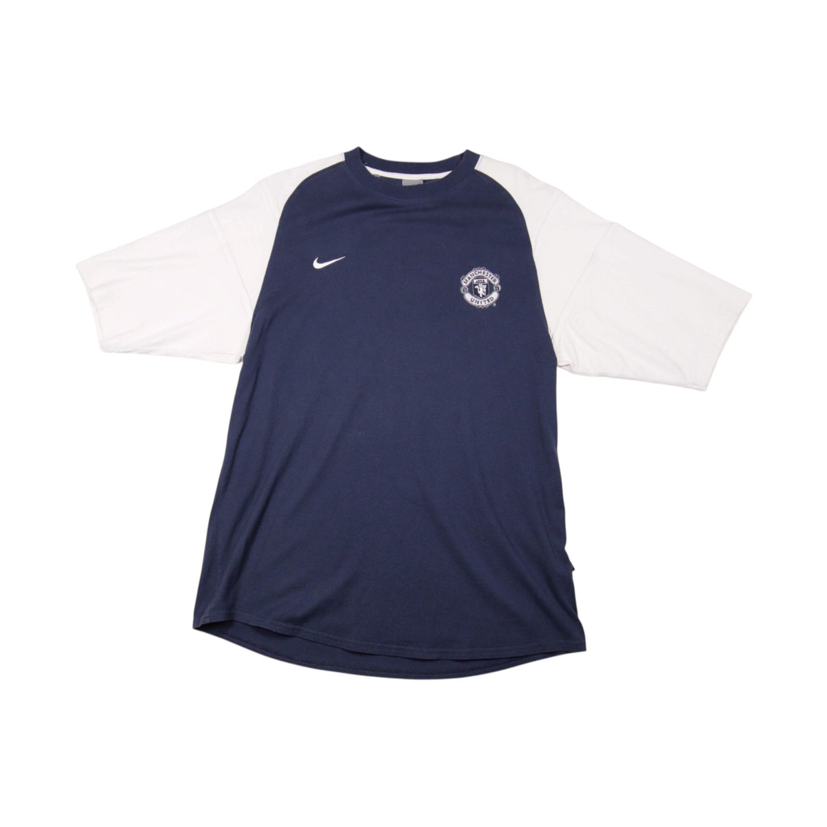Front view of navy Manchester United Nike training shirt with white raglan sleeves