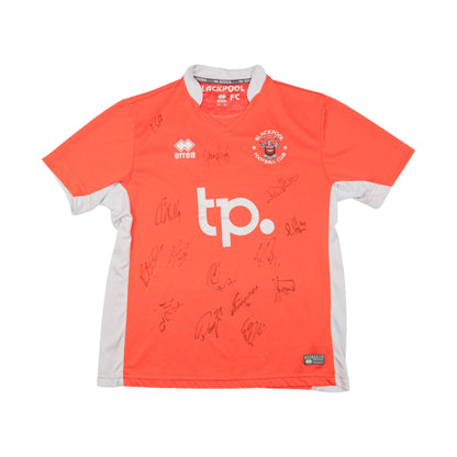 Front of orange Blackpool FC home shirt with tp. sponsor and signatures