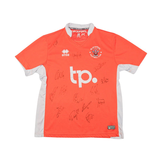 Front of orange Blackpool FC home shirt with tp. sponsor and signatures