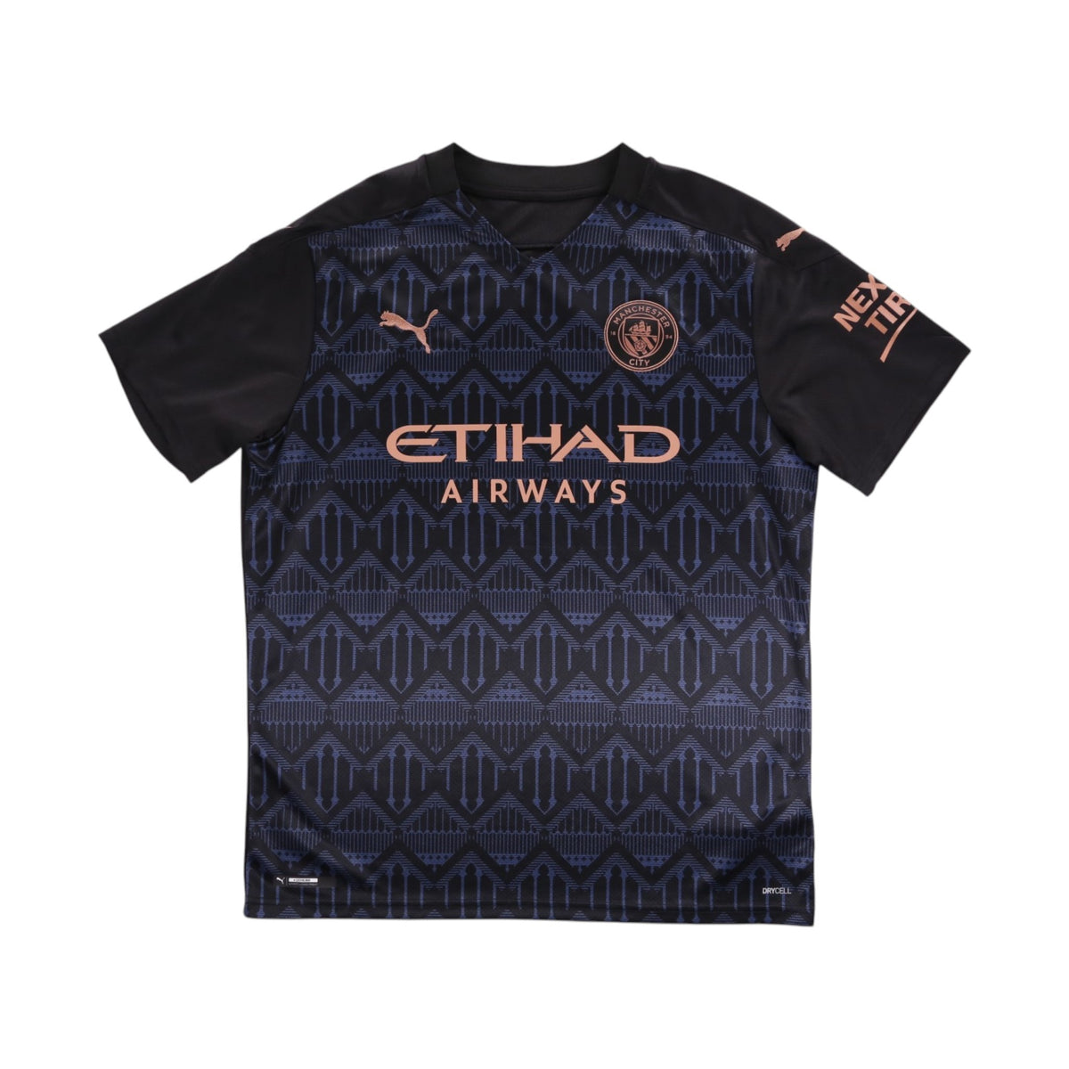 Manchester City 2020/21 away shirt front, navy and black with Etihad Airways sponsor