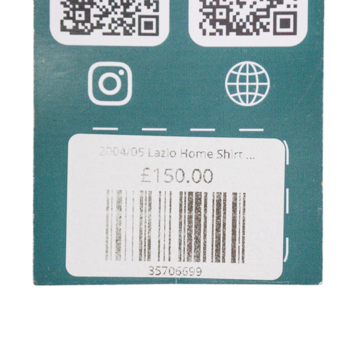Forever Vintage swing tag for the 2004/05 Lazio home shirt, priced at £150