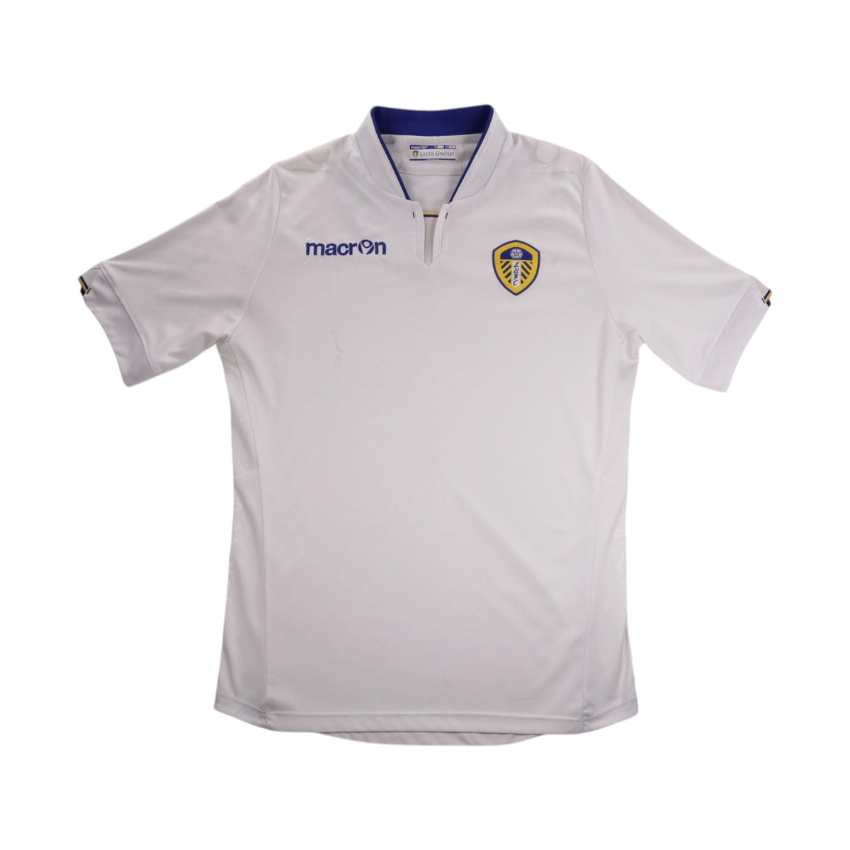 White Leeds United home shirt front with Macron logo and club crest