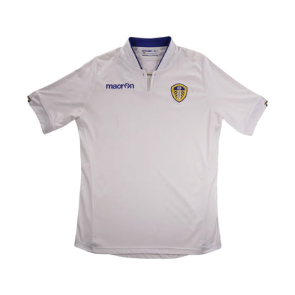 White Leeds United home shirt front with Macron logo and club crest