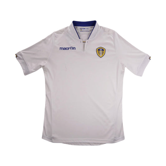 White Leeds United home shirt front with Macron logo and club crest
