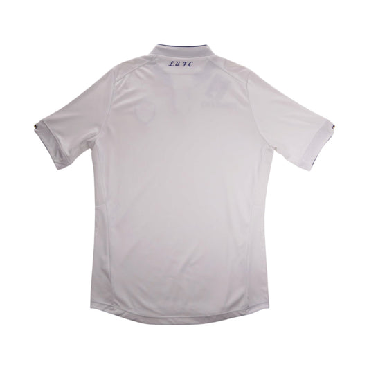 White Leeds United home shirt back with blue 'LUFC' script below collar