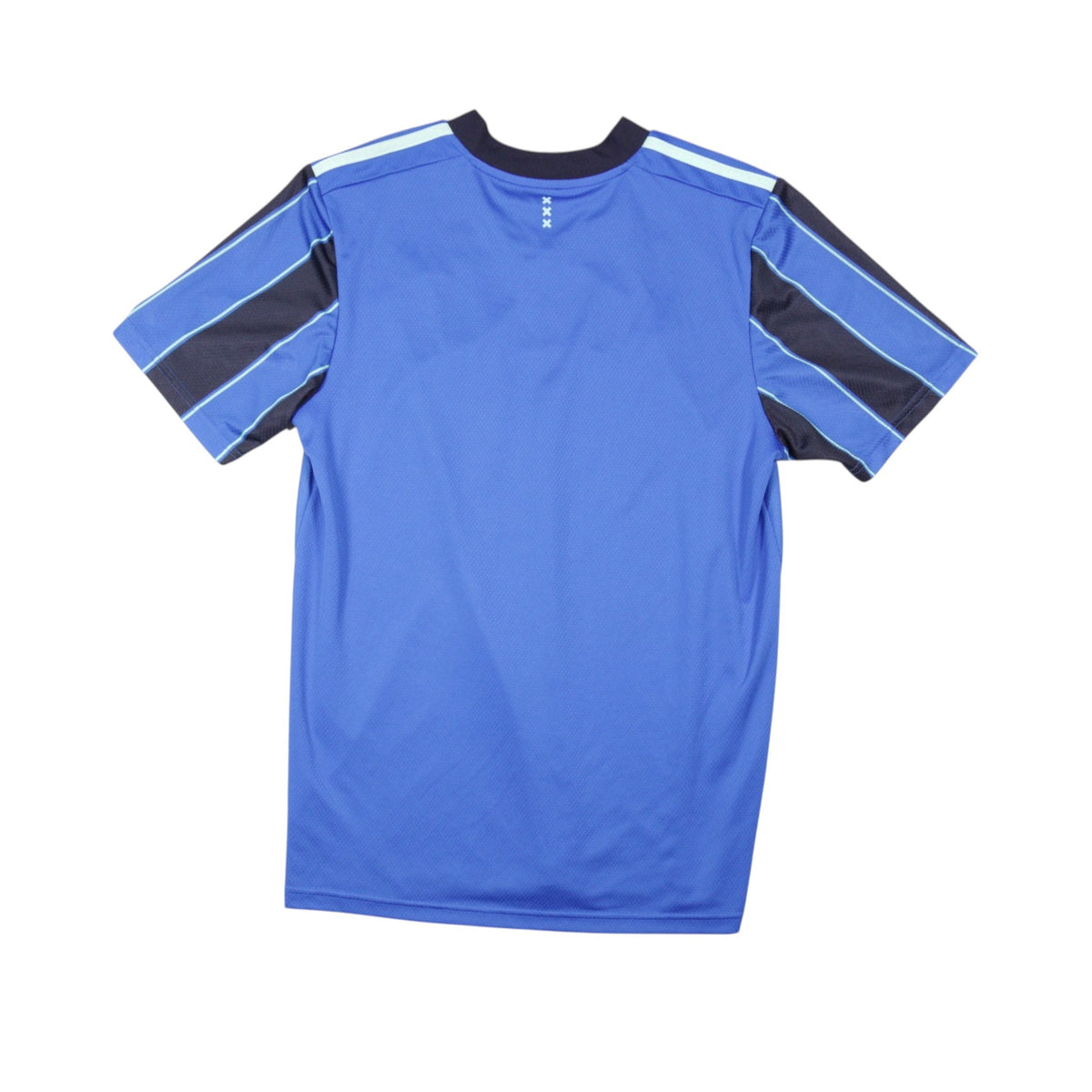 Ajax 2021/22 away shirt back view, plain blue with navy pinstripes