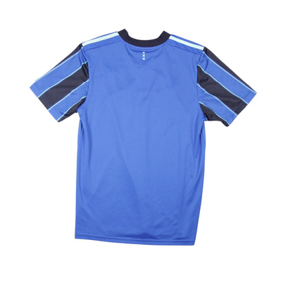 Ajax 2021/22 away shirt back view, plain blue with navy pinstripes