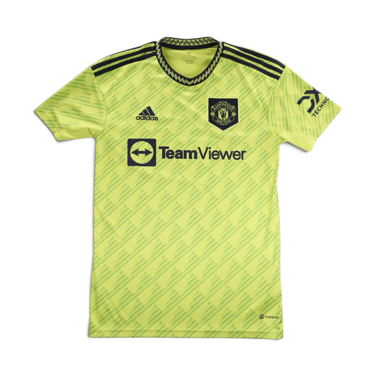Manchester United 2022/23 third shirt front, yellow with navy trim and TeamViewer sponsor