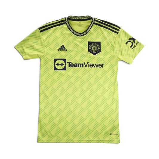Manchester United 2022/23 third shirt front, yellow with navy trim and TeamViewer sponsor