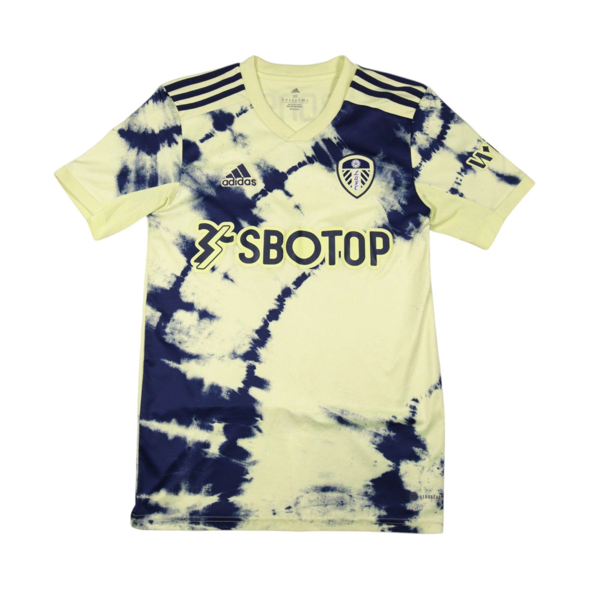 2022/23 Leeds United away shirt front view with SBOTOP sponsor and tie-dye pattern