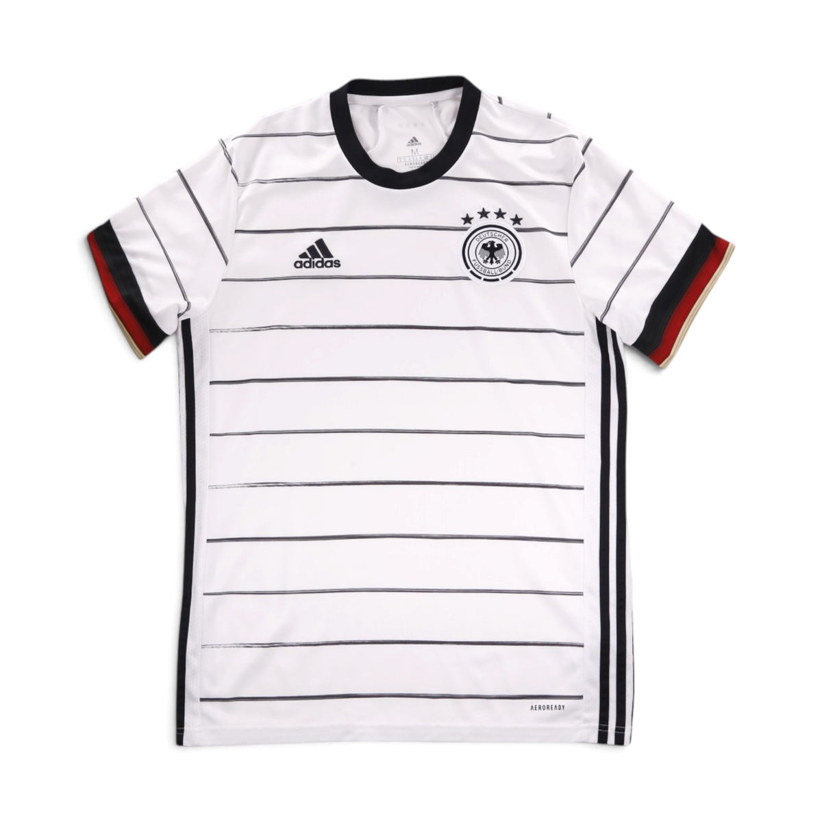 2020/21 Germany adidas home shirt front view, white with black pinstripes and DFB crest