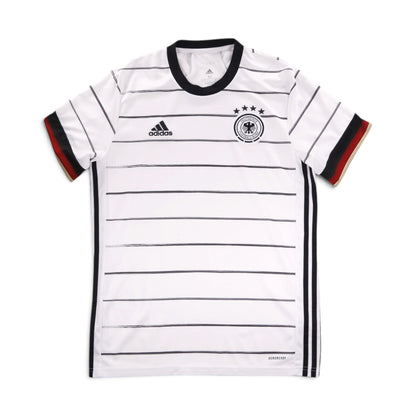 2020/21 Germany adidas home shirt front view, white with black pinstripes and DFB crest