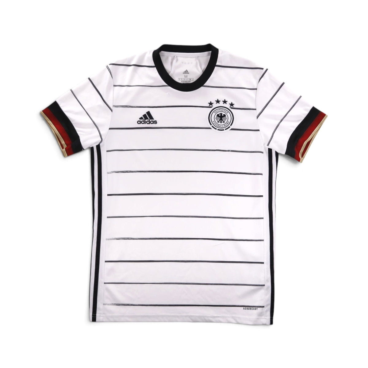 Front of white Germany 2020/21 home shirt with black pinstripes and DFB crest