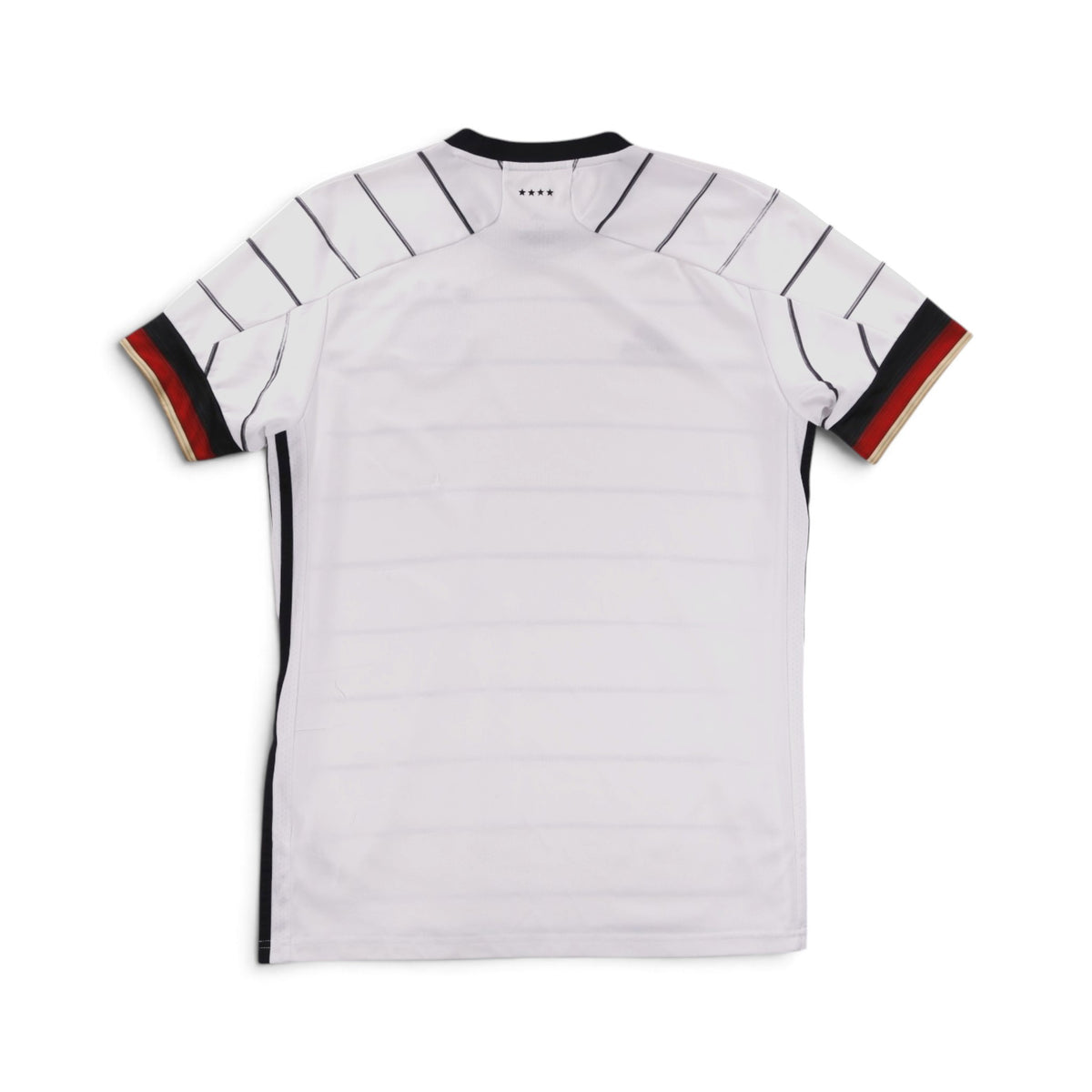 Back of white Germany 2020/21 home shirt showing pinstripes across the shoulders
