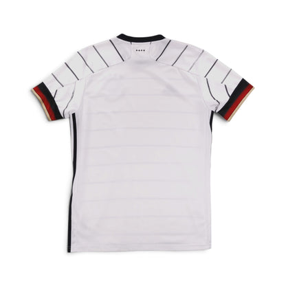 Back of white Germany 2020/21 home shirt showing pinstripes across the shoulders