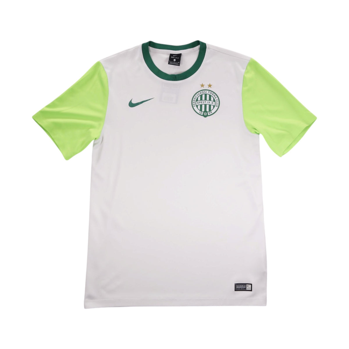 Front view of white and neon green Ferencvaros Nike football shirt with club crest and swoosh