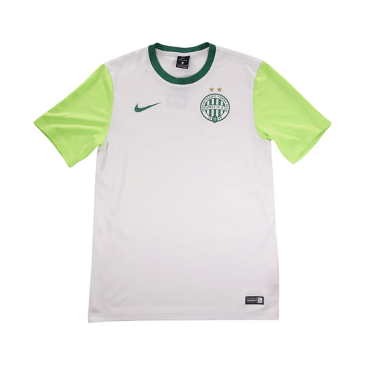 Front view of white and neon green Ferencvaros Nike football shirt with club crest and swoosh