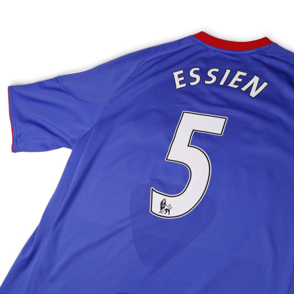 Close-up of Essien name, number 5 and Premier League badge on Chelsea shirt