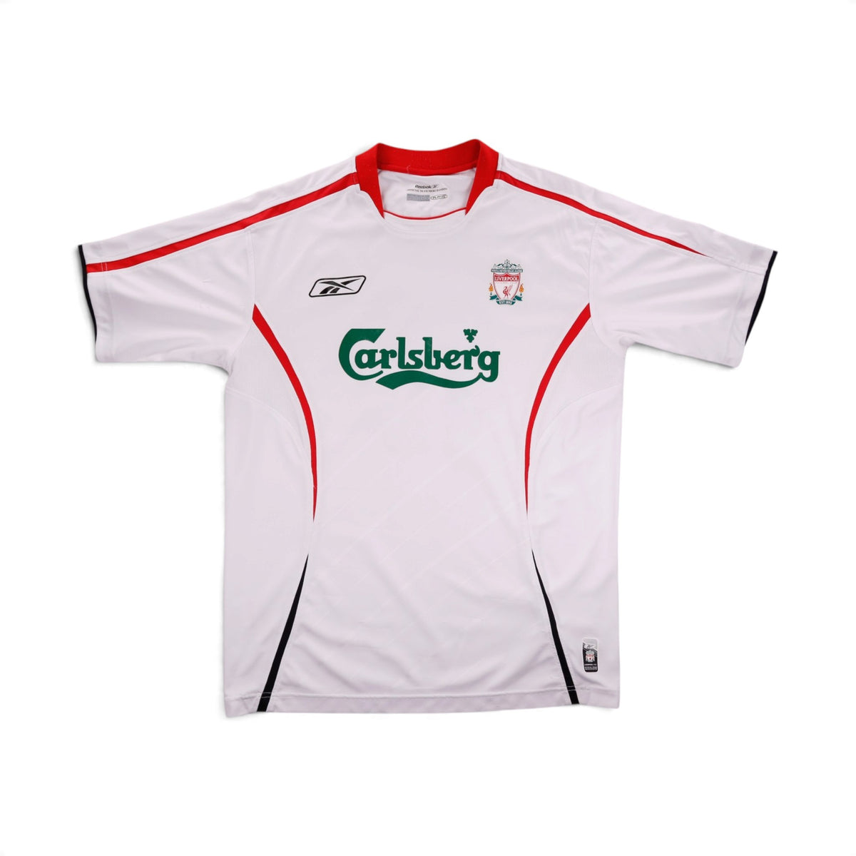 Liverpool 2005/06 away shirt front, white with red trim and Carlsberg sponsor