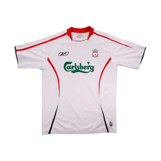 Liverpool 2005/06 away shirt front, white with red trim and Carlsberg sponsor