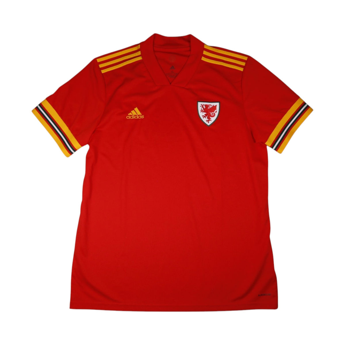 Front of red Wales 2020/21 adidas home shirt with dragon crest