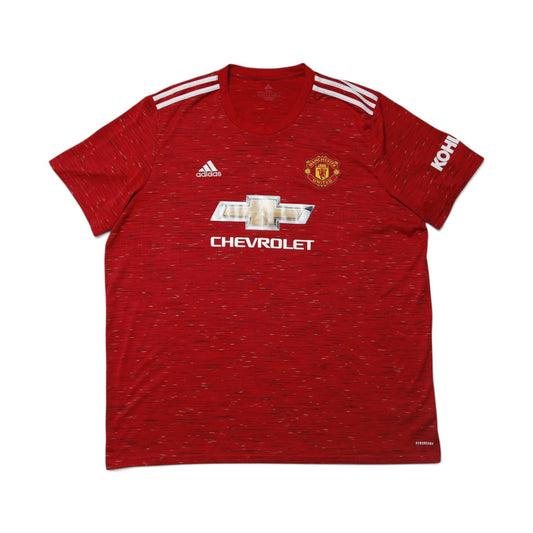 Manchester United 2020/21 home shirt neck label showing adidas branding, 3XL size, and hangtag