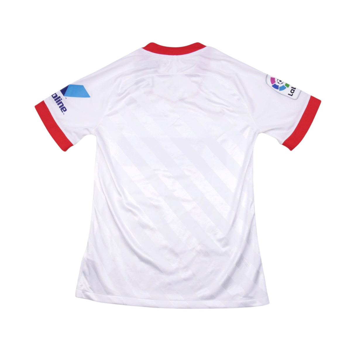 Back of Sevilla home shirt showing plain number-free back and La Liga sleeve patch