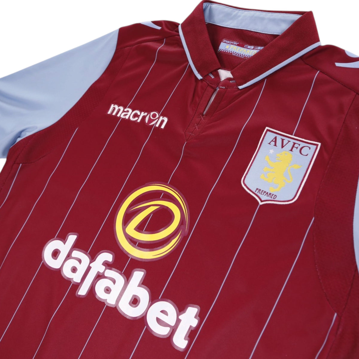 Close-up of AVFC crest, Macron logo and collar on Aston Villa shirt