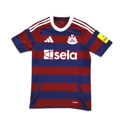 Newcastle United 2024/25 away shirt front, claret and blue hoops with Sela sponsor