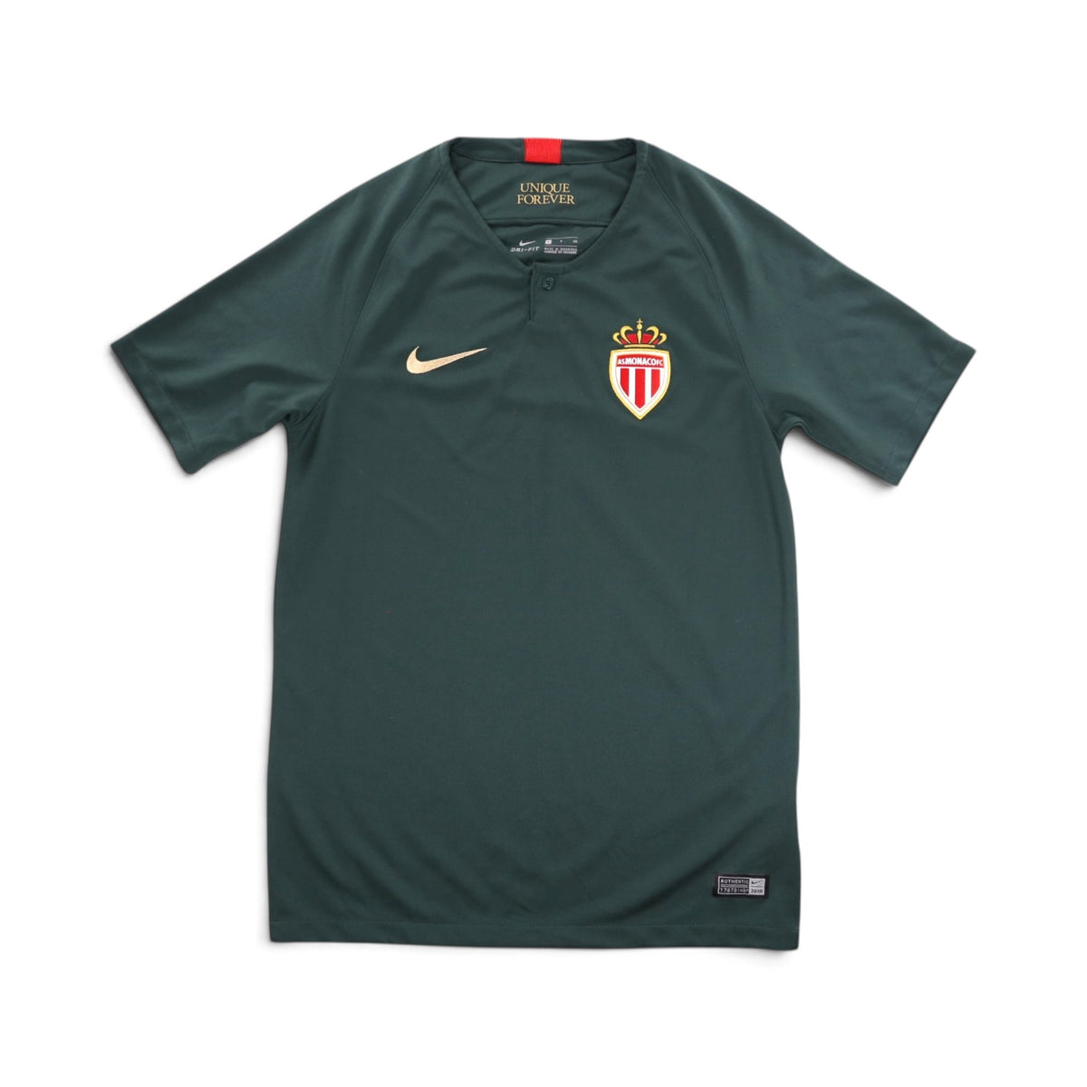AS Monaco 2018/19 away shirt front view, dark green with gold crest and Nike swoosh