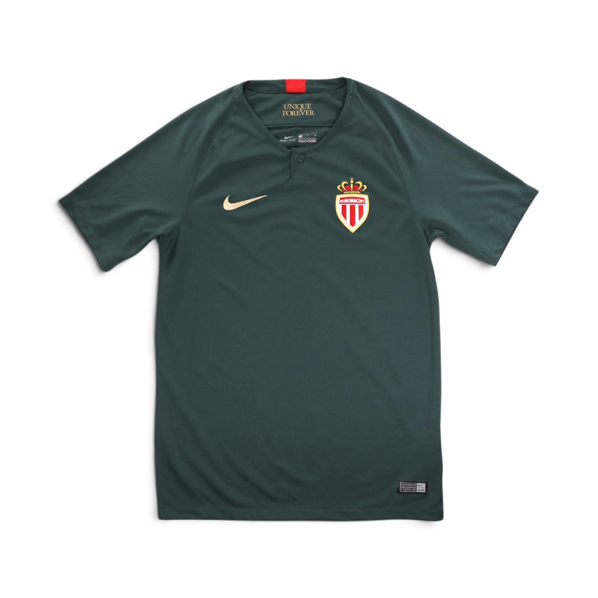AS Monaco 2018/19 away shirt back view, plain dark green with red collar stripe