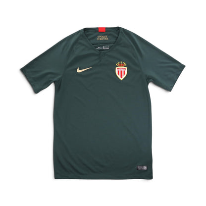 AS Monaco 2018/19 away shirt back view, plain dark green with red collar stripe