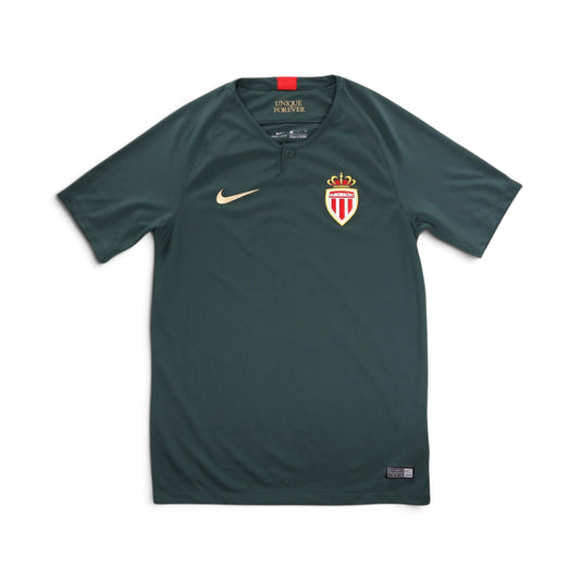 AS Monaco 2018/19 away shirt back view, plain dark green with red collar stripe