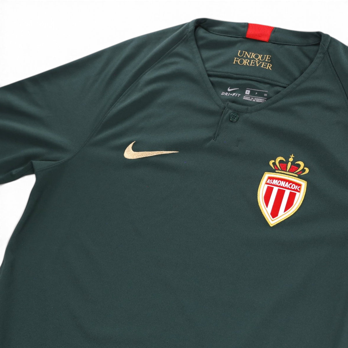 Close-up of Nike Dri-Fit label showing size S on AS Monaco away shirt