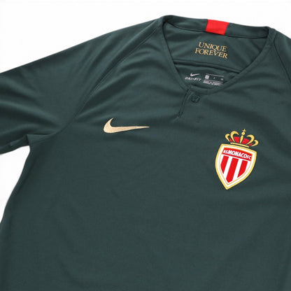 Close-up of Nike Dri-Fit label showing size S on AS Monaco away shirt