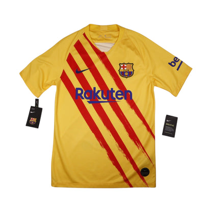 Front view of yellow Barcelona fourth shirt with red diagonal stripes and Rakuten sponsor
