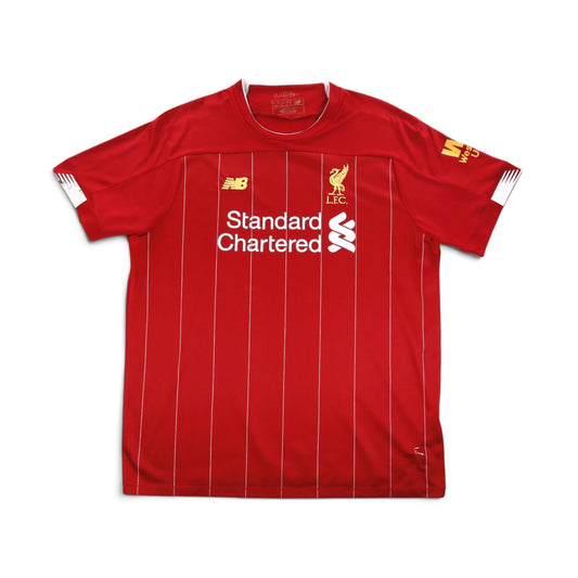 2019/20 Liverpool home shirt front, red with white pinstripes and Standard Chartered sponsor