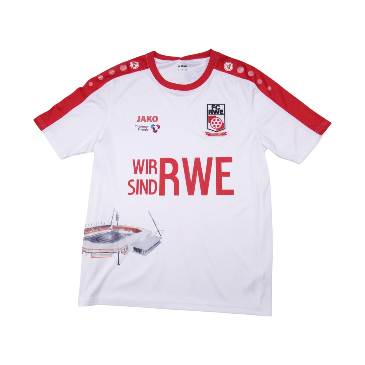 Front of 2016/17 Rot-Weiss Erfurt special edition shirt by JAKO with Thüringer Energie sponsor and stadium print