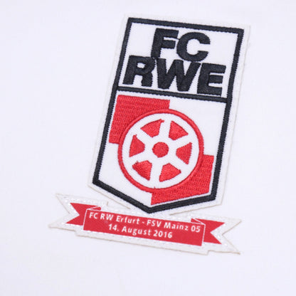 Close-up of the FC RWE crest and embroidered match patch reading FC RW Erfurt - FSV Mainz 05, 14 August 2016