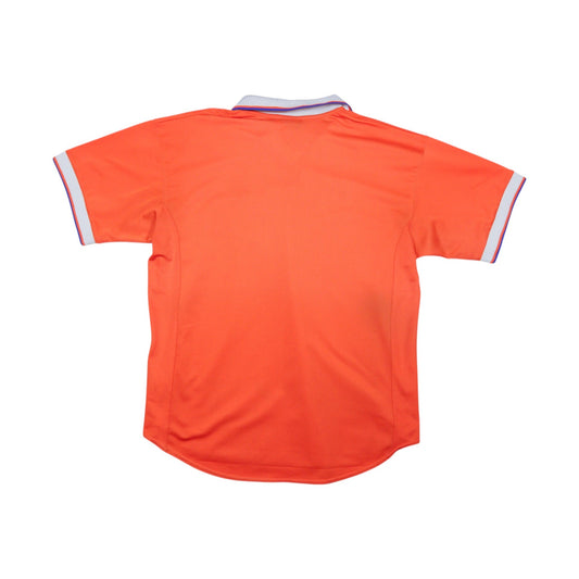 Back view of the 1997/98 Netherlands home shirt, plain orange with white ribbed collar