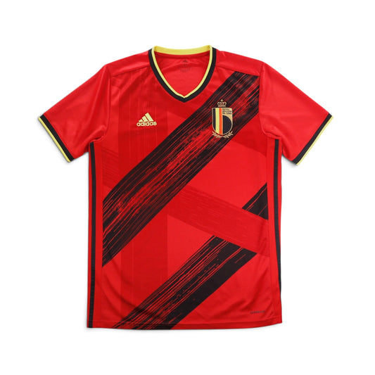 Front of red Belgium 2020/21 adidas home shirt with black sash design and crest