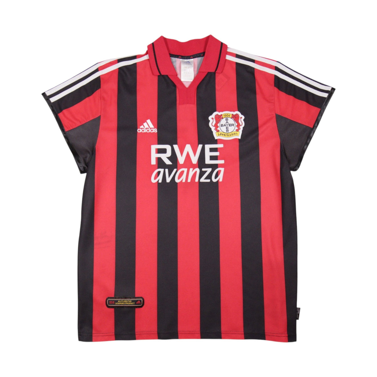 Front view of 2001/02 Bayer Leverkusen home shirt by adidas with RWE avanza sponsor