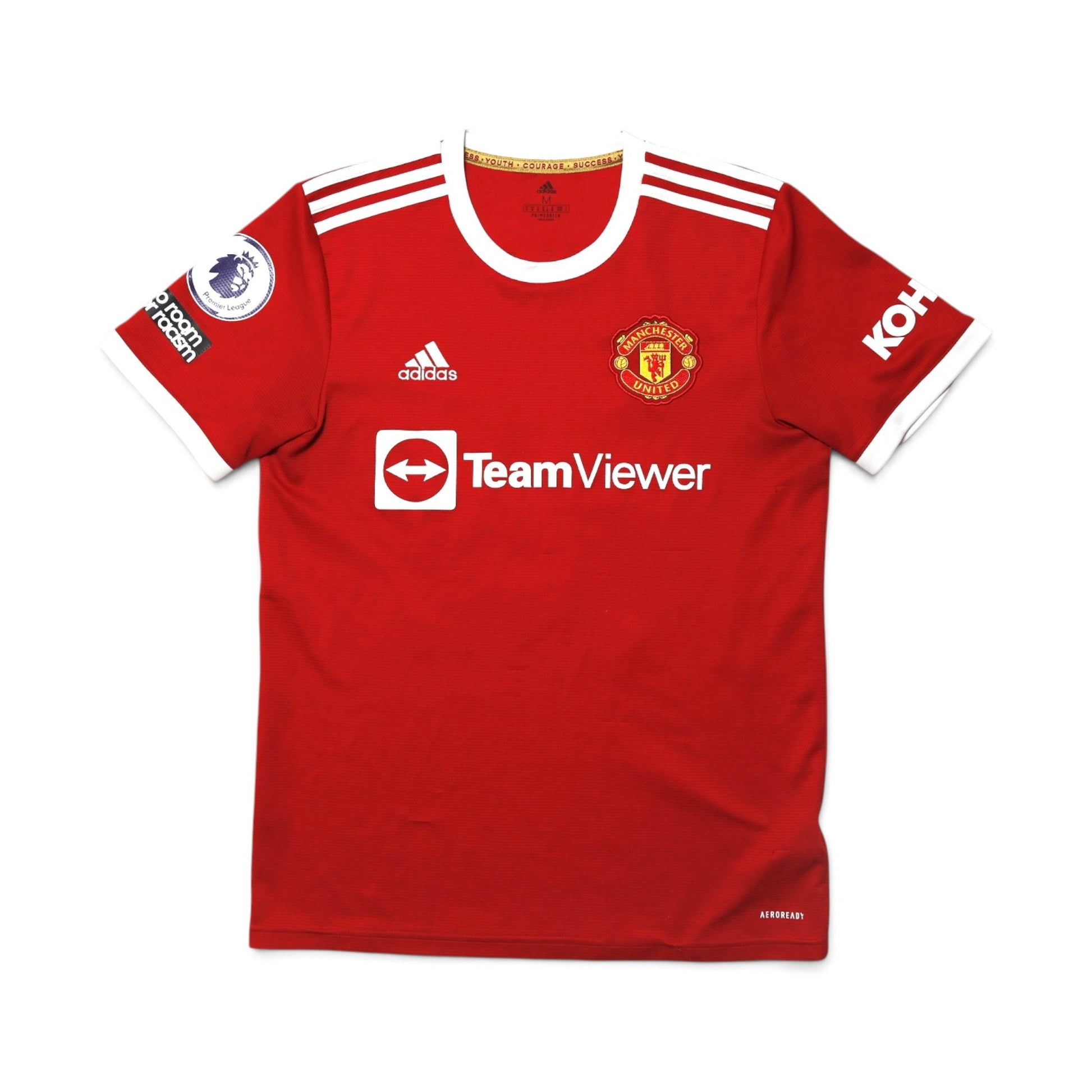 Manchester United 2021-22 home shirt front collar detail with adidas logo and crest