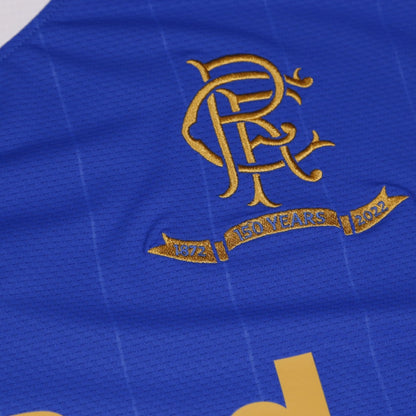 Close-up of Rangers crest with 150 Years 1872-2022 anniversary ribbon