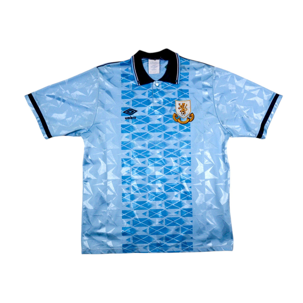 Front of the 1990 Scottish Football League centenary shirt, sky blue with navy collar